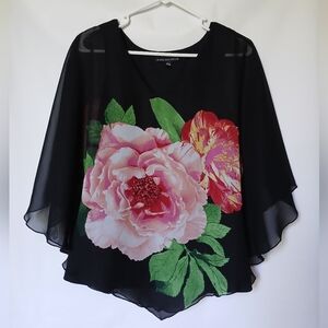 Sara Michelle Womens Cape/Poncho Top L Black With Large Flowers On Over Lay